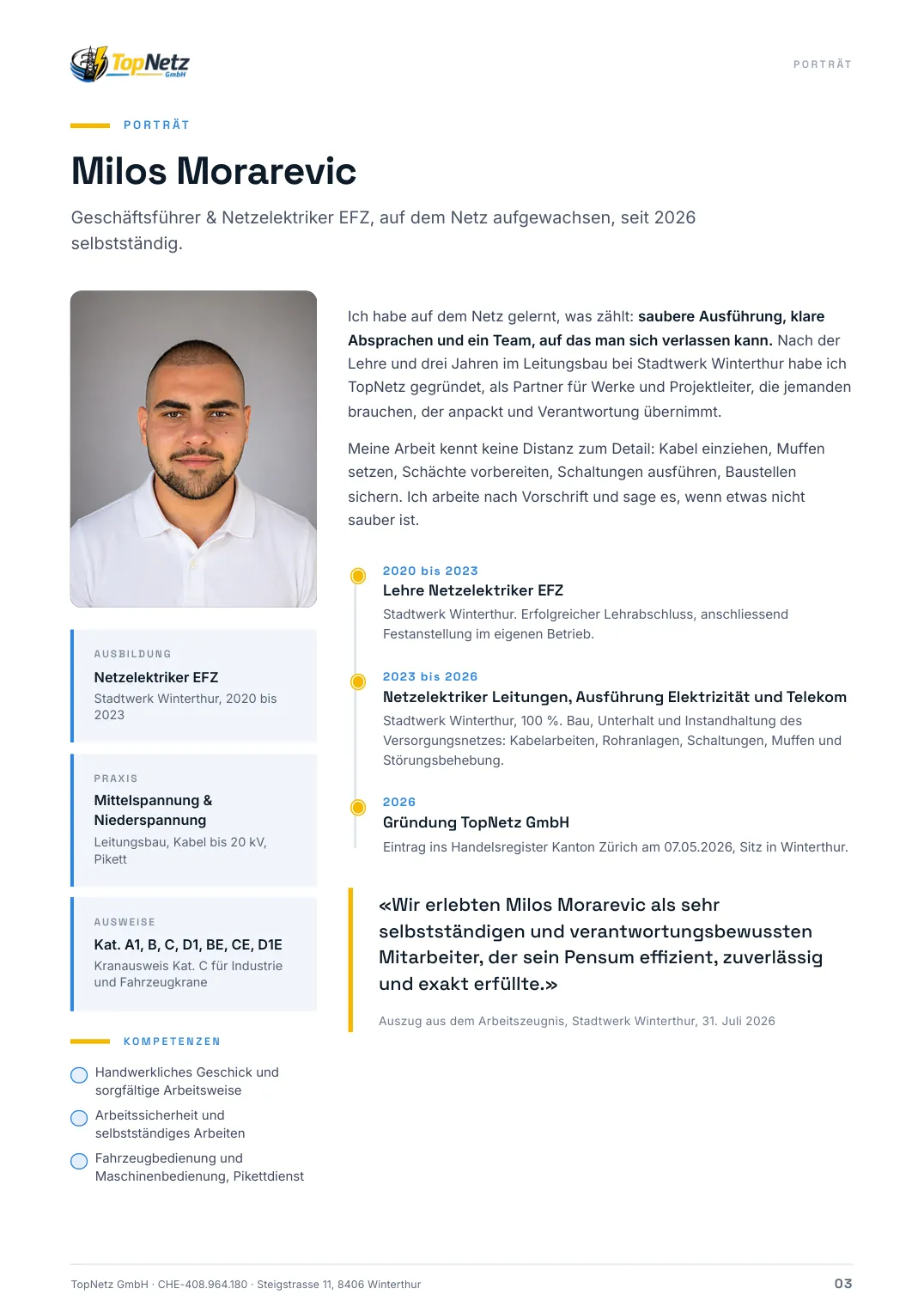 Seite 3 der Broschüre: Porträt von Milos Morarevic, Netzelektriker EFZ